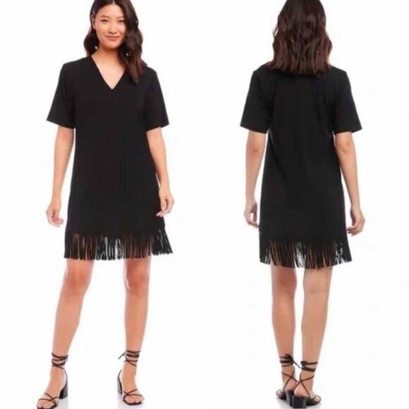 Karen Kane Black V-Neck Soft Knit Fringe Hem Dress Short Sleeve Summer Medium - Picture 8 of 10